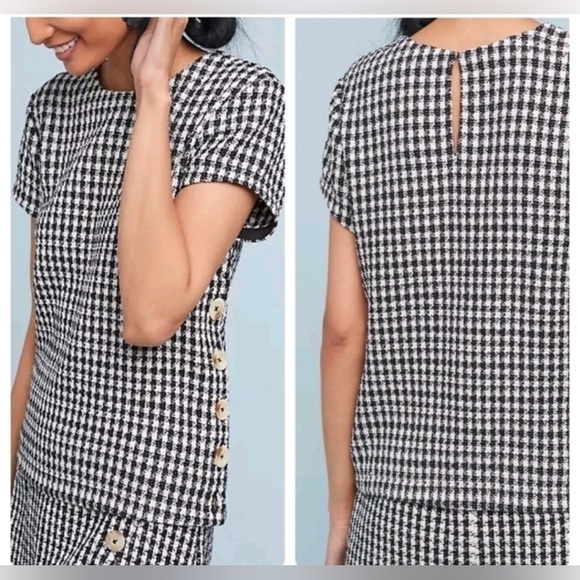 Anthropologie Maeve Townsend Black White Houndstooth Short Sleeve Top Boxy Sz 2 - Picture 16 of 16